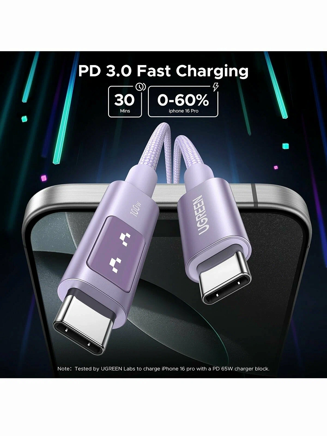 65092 Кабель UGREEN L509 UNO Type C - Type C 2.0 100W. Цвет: розовый, 1М